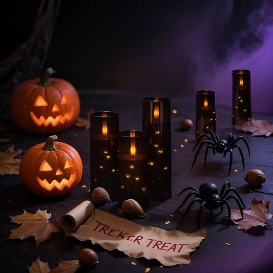 Raycare Flameless Candle with Remote Timer – 5 Flickering Acrylic Battery Operated LED Pillar Candles with Embedded Star String for Halloween, Home Decor, and as a Gift(Black)