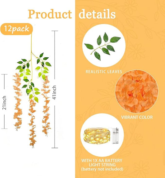 12 Pack Orange Wisteria Hanging Flowers Garland with Lights, 3.44 Feet Artificial Flower Vines, Fake Wisteria, Artificial Vines Hanging Garland for Backdrop Outdoor Patio Garden Decor