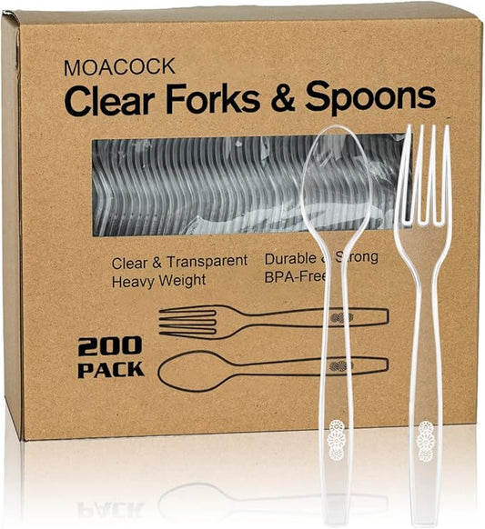 200 Count Plastic Silverware, Heavy Weight Plastic Forks Spoons Disposable Utensils Cutlery Set for Wedding Party Supplies Everyday Use