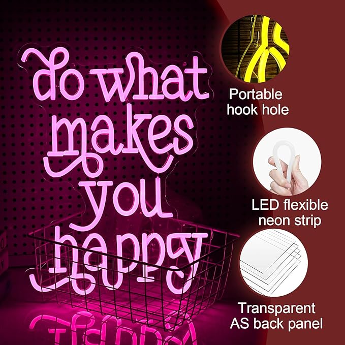 Do What Makes You Happy Neon Sign USB powered Pink Letters Led Neon Light for Wall Decor Dimmable Neon Light Up Sign for Bedroom Home Wedding Decor Gifts (16.5 * 12.6In)