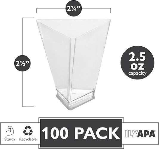Ilyapa 3oz Plastic Dessert Cups - 100 Pack Mini Dessert Cups with Spoons - Clear Reusable Small Appetizer Cup for Cheesecake Shooters, Chocolate Mousse - Party and Catering Supplies - Triangle