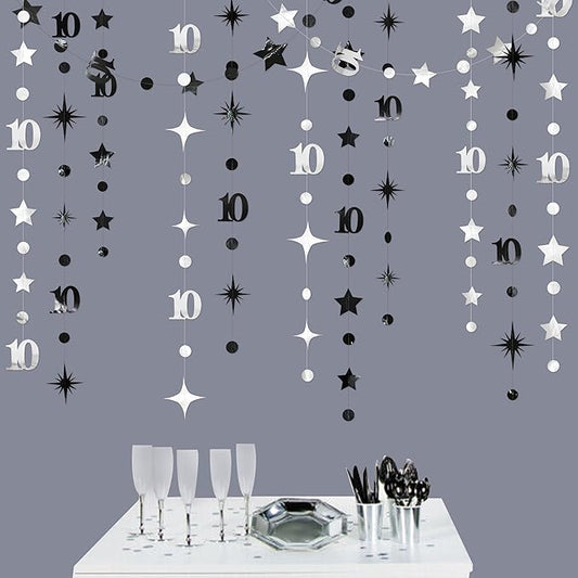 Silver Black 10th Birthday Decorations Number 10 Circle Dot Twinkle Star Garland Metallic Hanging Streamer Backdrop for Girls Boys Double Digits Ten Years Old Birthday 10th Anniversary Party Decor