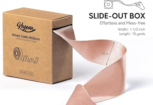 Rose Gold Satin Ribbon Double-Faced Wired Ribbons for Gift Wrapping Flower Bouquet Bows Wedding Invitation Christmas Decor Crafts 1-1/2 Inch 10 Yards