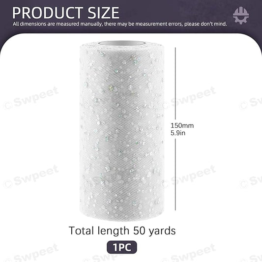 Swpeet 6 Inch by 50 Yards White Glitter Tulle Fabric Roll, Fabric Spool Sparkling Tulle Ribbon, Netting Polyester Spool for DIY Birthday Party Wedding Decorations Christmas Craft Supplies