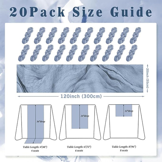 20 Pack Dusty Blue 10FT Cheesecloth Table Runner Rustic Gauze Fabric Cheese Cloth Table Runner for Wedding Bridal Baby Shower Table Decor 20 x 120 Inch Long Boho Sheer Birthday Party Table Decorations