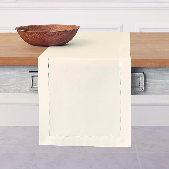 Solino Home Ivory Table Runner 156 Inches Long - Cotton Linen Hemstitch Extra Long Table Runner 14 x 156 Inch for Fall, Autumn, Thanksgiving, Christmas, Holiday