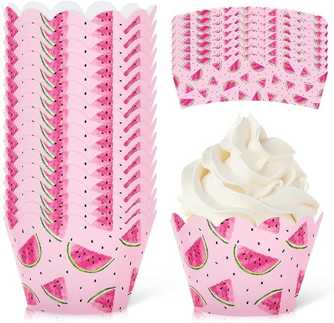 Whaline 36Pcs Watermelon Cupcake Wrappers Watercolor Pink Watermelon Cupcake Liners Decorative Cupcake Holders for Birthday Baby Shower Summer Dessert Decor
