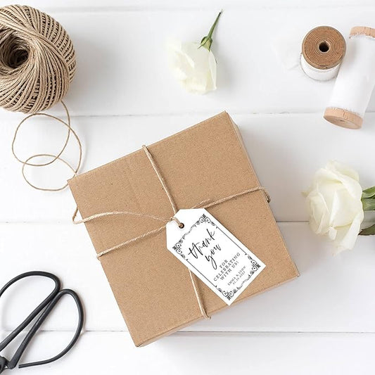 Andaz Press 100-Pack Personalized Thank You Tags with Bakers Twine Art Deco Custom Cardstock Gift Tags for Wedding Party Favors 2 x 3.75-Inches