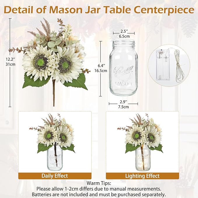 Silk Sunflowers Artificial Flowers with Mason Jar Centerpiece for Table White Fall Flowers in Vase Small Fall Floral Arrangement with Vase Thanksgiving Centerpiece for Dining Room Table Autumn Decor