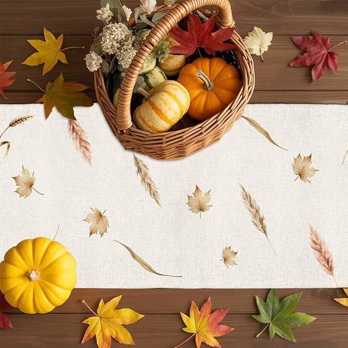 Fall Thanksgiving Cotton Linen Table Runner for Dining Kitchen, Orange Pumpkins Outdoor Party Autumn Tablerunners Decoration, Rustic Wheat Leaves Dresser Scarf Coffee Tablecloth Runners 13x90 Inches