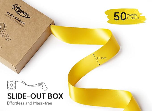 Yellow Ribbon 1-1/2 Inch x 50 Yards Double-Faced Satin Ribbons for Crafts Gift Wrapping Flower Bouquet Wedding Paper Holiday Decorating