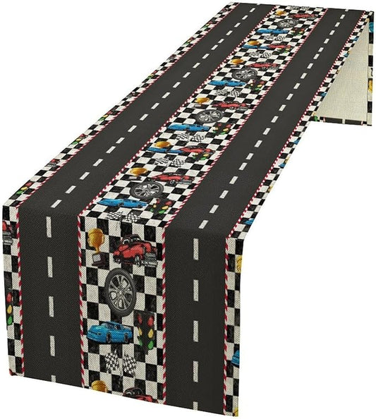 Race Car Table Runner,Checkered Flag Black and White Race Cars Pattern Print Tablecloth Burlap for Hotel Indoors Outdoor Dining Room Kitchen Home Decor,W13X L36 in