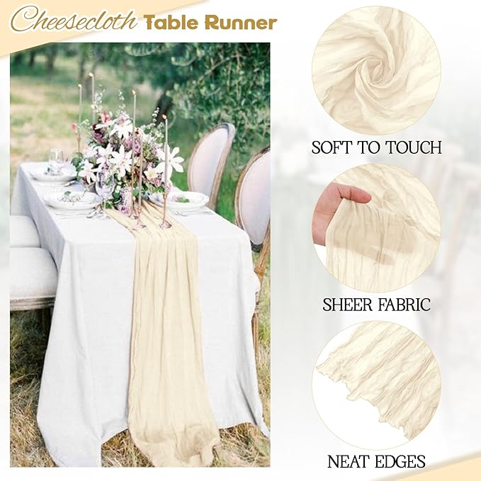 Aktor 12 Pack Ivory Table Runner Boho Cheesecloth Table Runner Semi Sheer Gauze Fabric Runners for Wedding Birthday Baby Shower Party Boho Table Decoration（Ivory）