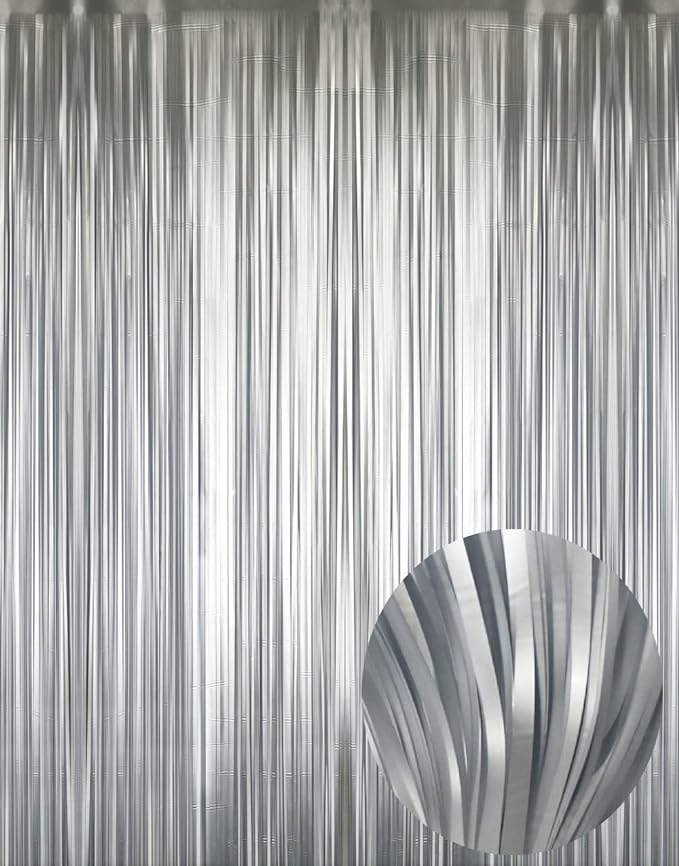 GOER 3.2 ft x 8.2 ft Metallic Tinsel Foil Fringe Curtains Party Photo Backdrop Party Streamers for Birthday,Graduation,New Year Eve Decorations Wedding Decor (5 Pcs,Matte Silver,Thick Material)