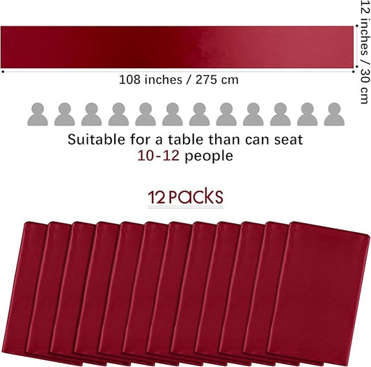 Aneco 12 Pack Satin Table Runner 12 x 108 Inch Burgundy Long Wedding Satin Silk Table Runner for Wedding Banquet Graduations Birthday Party Decoration