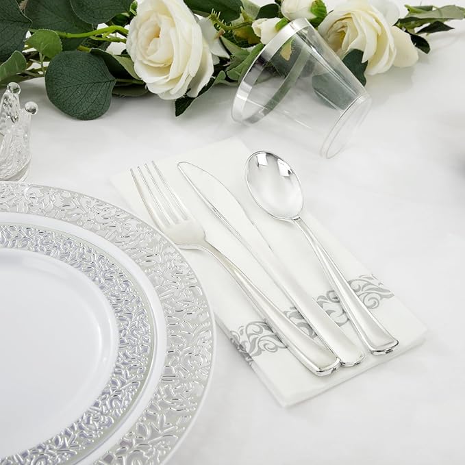 WELLIFE 350pcs Silver Party Dinnerware Set for 50 Guests, Silver Wedding Plates Disposable Heavy Duty, Including :50 Dinner Plates, 50 Dessert Plates, 50 Cups, 50 Napkins, 50 Sliver Silverware Set
