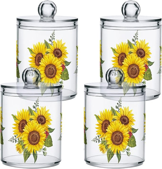 Gredecor Qtip Holder Dispenser 2 Pack Yellow Watercolor Sunflowers Bathroom Decorative Storage Canister Holder Counter Vanity Organizer for Cotton Ball Swabs Pads Floss