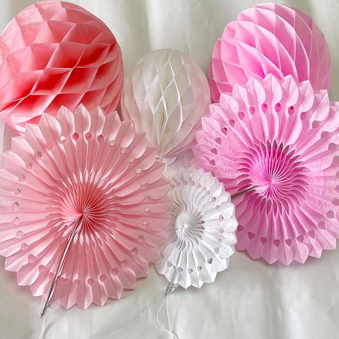 12pcs 6'' 8'' Honeycomb Balls Tissue Paper Fans Party Honeycomb Ball Fans Decorations Tissue Pom Poms Flower Balls Hanging Paper Fans for Party Baby Shower Birthday Wedding Nursery(White Pink kit)