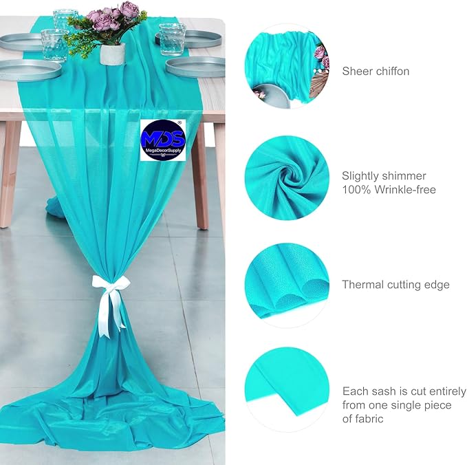 MDS Halloween Chiffon Table Runner - 10 Pack, 29 x 120 Inches, 10ft Each - Sheer Spooky Table Runners for Haunted House Parties, Trick-or-Treat Tables, Witchy Décor, Wedding & Events - Peacock Blue