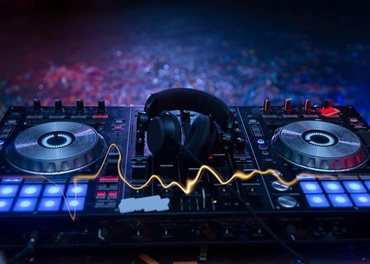CORFOTO 12x8ft Fabric Dj Mixer with Headphones Backdrop Photography Dj Sound Equipment in Dark Background Musical Dance Disco Party Decorations Live Concert Stage Photoshoot Booth Studio Props