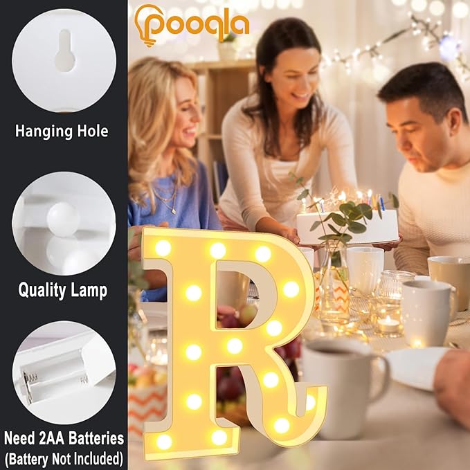 Pooqla LED Marquee Letter Lights, Warm White and Cool White Decorative Lighted Letters, Light Up Alphabet Letters for Boys Girls, Party, Wedding, Bar, Night Light, Birthday Decoration, Letter R