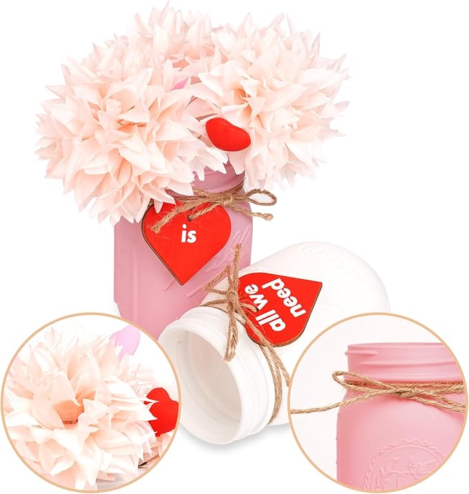 CNVOILA Valentines Table Decor, 6PC Mason Jars, Glass, Cylindrical, White, Red, Pink - Valentine's Day, Anniversary, Wedding, Farmhouse Decor