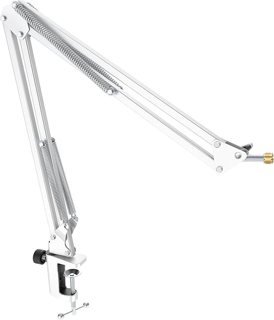 FIFINE Microphone Boom Arm, Suspension Mic Arm Stand with Mount Clamp, Metal Scissor Mic Stand with 3/8" to 5/8" Adapter for Home Studio Recording Podcast Gaming-CS1 White