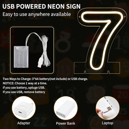 Number 7 LED Neon Sign Backdrop Birthday Party Decoration, 11.3" Height Warm White Marquee Numbers Seven Light Up Sign for Wedding Anniversary Window Wall Table, Indoor Battery Operated or USB