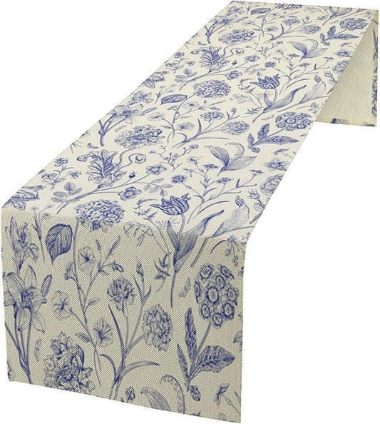 Monochrome Sketch Flowers Table Runner, Seasonal Spring Fall Plants Blue Florals Dinner Runner for Home Kitchen Dining Table Party Holiday Decoration 13"x90"