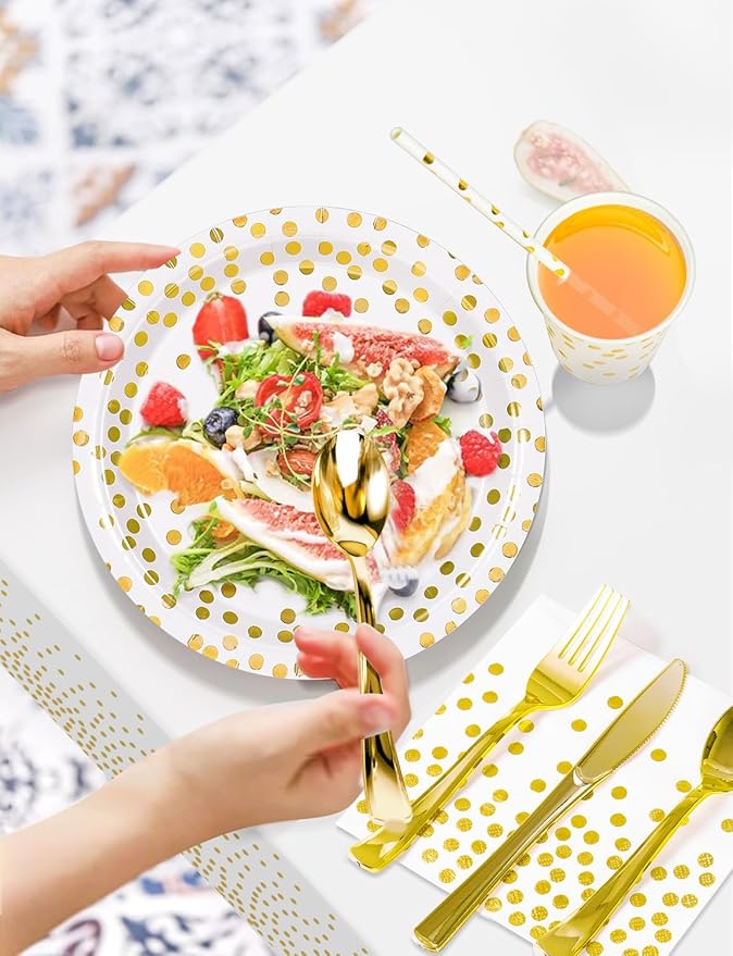 141 Pieces White Gold Party Supplies, Party Dinnerware Sets Include Paper Plates Napkins Cups Silverware, for Wedding Bridal Shower Engagement Birthday Parties Decoration -20 Serves