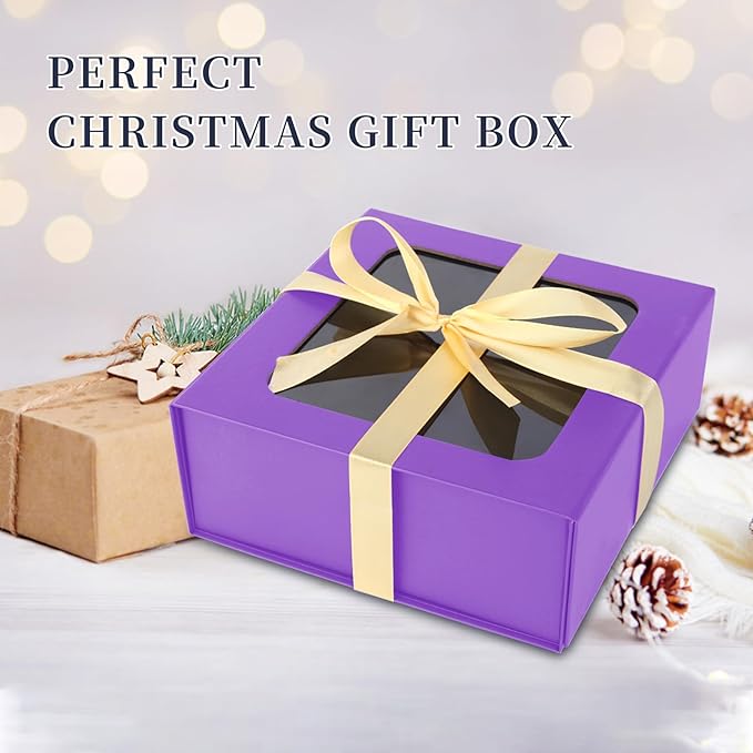 TIACABO Purple Gift Box with Window,7.5"x7.5"x3.1" Bridesmaid Boxe for Gifts Giving,Birthday Gift Boxes with Magnetic,Closure Lid Gifts Boxes for Presents,Cute Box,Luxury for Gift Packaging