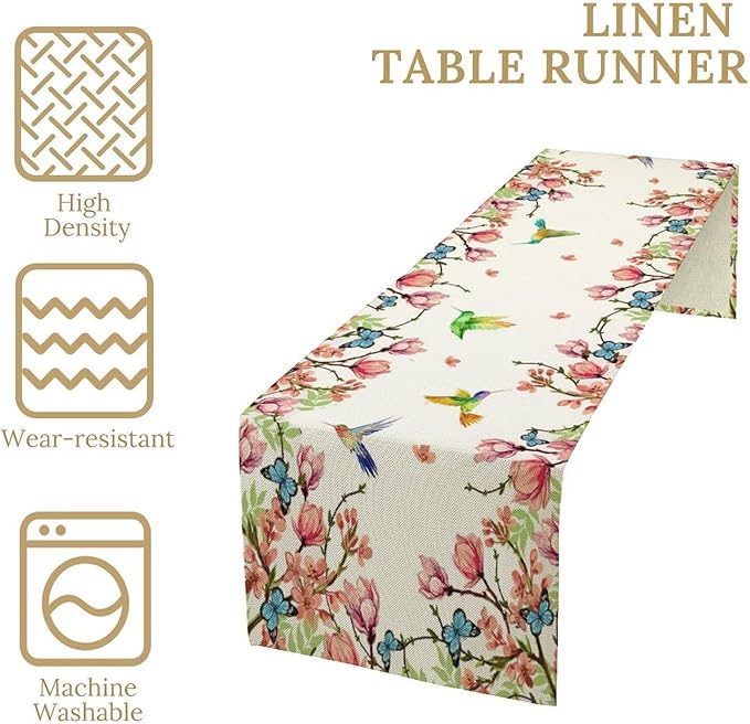Vintage Watercolor Flower Hummingbird Table Runner Seasonal Spring Garden Plants Birds Florals Farmhouse Country Kitchen Dinner Runner Dining Table Decoration 13"x108"