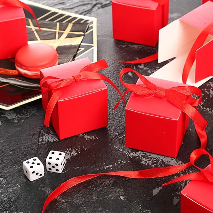 AWELL Red Gift Candy Box Bulk 2x2x2 inches with Red Ribbon Party Favor Box,Pack of 50