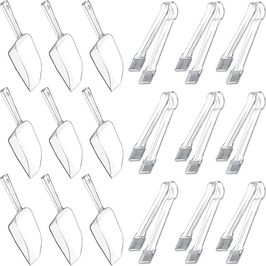 Roshtia 18 Pcs Plastic Serving Tongs Mini Kitchen Tongs Utility and Plastic Kitchen Scoops Clear Ice Scoop Mini Clear Buffet Scoop for Candy Dessert Buffet Ice Snack Coffee Tea