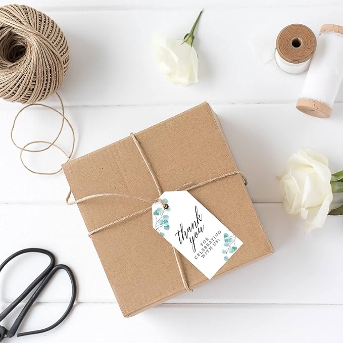 Andaz Press 100-Pack Thank You for Celebrating with Us Favor Tags Silver Dollar Eucalyptus Cardstock Gift Tags with Bakers Twine for Wedding Baby Shower Bridal Shower Party Favors 2 x 3.75-Inches