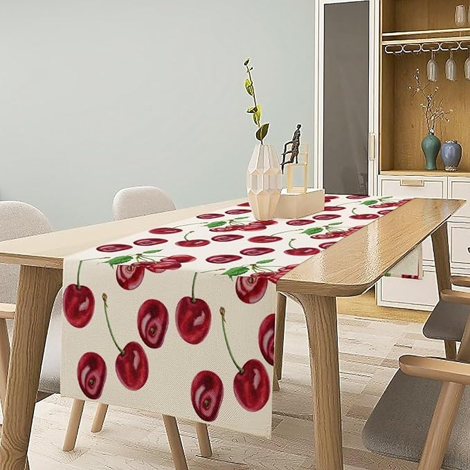 Red Cherry Table Runner Watercolor Tropical Fruit Spring Summer Wild Berry Dinner Runner for Girl Baby Shower Party Holiday Home Kitchen Dining Table Decor 13x90