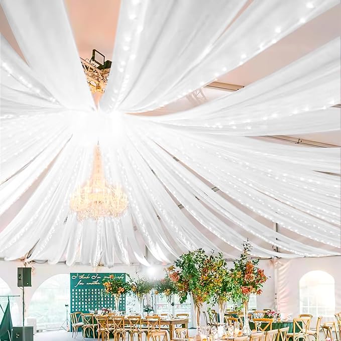 8 Panels White Ceiling Drapes for Wedding 5ftx40ft Sheer Drapery Chiffon Fabric Arch Draping Curtains for Party Ceremony Birthday Baby Shower Reception Stage Ceiling Decorations