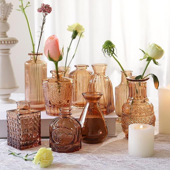 Amber Glass Bud Vases -Set of 20 for Flowers, Small Amber Bud Vases in Bulk for Centerpieces Decor, Mini Glass Set for Home Table Decorations