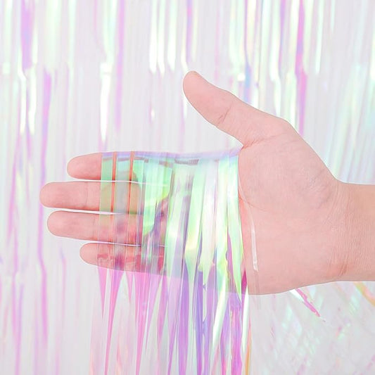 4 Pack Iridescent Transparent Foil Fringe Backdrop Curtains, Tinsel Streamers Birthday Party Decorations, Fringe Backdrop for Graduation, Baby Shower, Gender Reveal, Disco Party