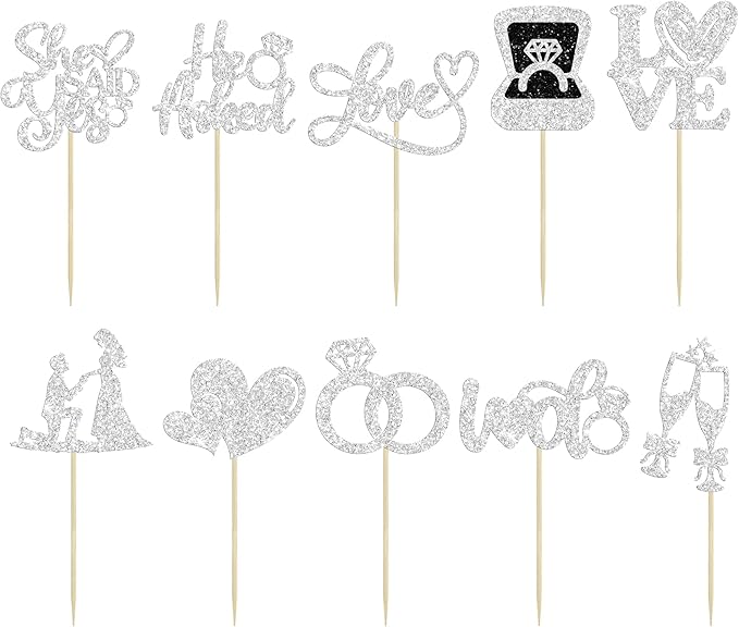 Ephlyn 30Pcs He Asked She Said Yes Cupcake Toppers Glitter Engagement Cupcake Toppers Diamond Ring Heart Love I Do Cupcake Picks for Engagement Wedding Party Cake Decorations Silver