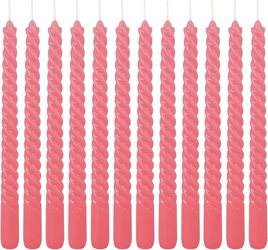12-Pack Pink Spiral Taper Candles – 10 Inch Elegant Dripless & 10-Hour Burn – Long-Lasting Decorative Candles for Weddings, Birthdays, Parties, Church, Home Decor & Romantic Dinners