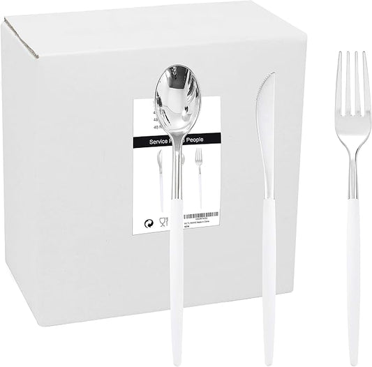 WELLIFE 144 Pack Silver Plastic Cutlery, Disposable Silver Flatware Includes： 48 Forks, 48 Knives and 48 Spoons, Suitable for Parties and Wedding for Wedding