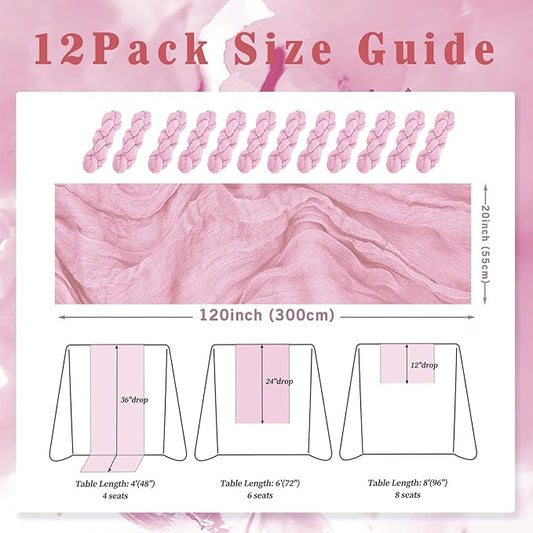 Light Pink Cheesecloth Table Runner 12 Pack 10FT Rustic Gauze Fabric Cheese Cloth Table Runner for Wedding 20 x 120 Inch Long Bridal Baby Shower Table Decorations Boho Sheer Birthday Party Table Decor