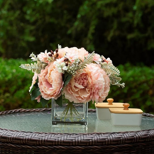 ENOVA FLORAL Artificial Flower Arrangement with Vase,Mixed Artificial Silk Peony Flower in Vase for Decoration Home Office, Wedding Centerpiece (Champagne)