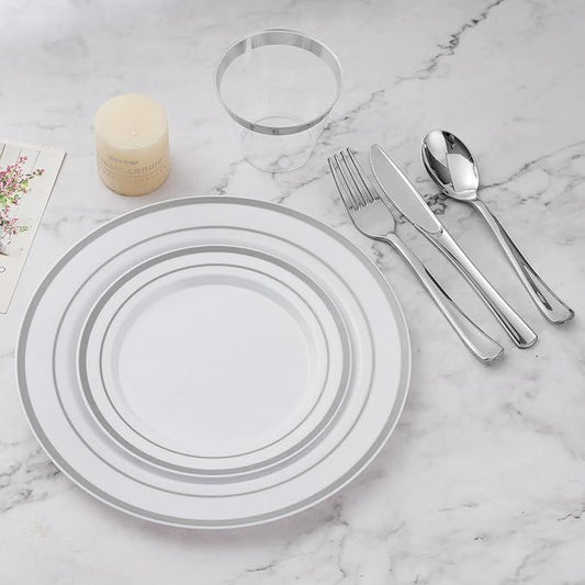 BESTVIP 450PCS Plastic Dinnerware Set (75 Guests), Silver Disposable Plates for Party, Wedding, Christmas, Anniversary, Includes: Dinner Plates, Dessert Plates, Cups, Spoons, Forks and Knives