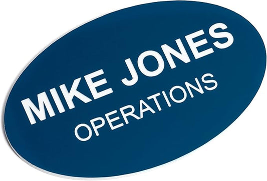 Custom Engraved Name Tag Badges – Personalized Identification with Pin or Magnetic Backing, 3.2 Inch Oval, Blue/White
