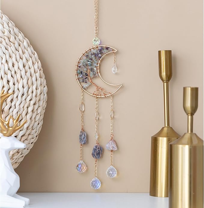TUOKING Crystal Moon Suncatchers for Window Hanging Tree of Life Natural Healing Stones Wind Chimes Sun Catcher Rainbow Maker Good Luck Gifts Decor for Home Garden