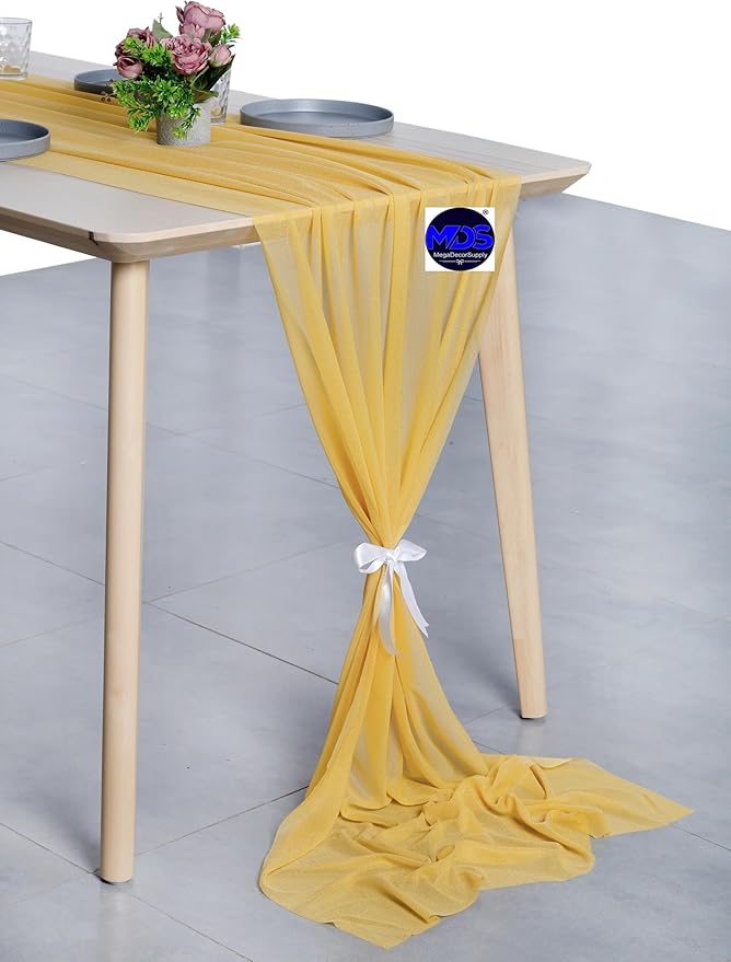 MDS 20 Pack 10ft Chiffon Table Runner 29 x 120 Inches Sheer Wedding Runner Romantic Rustic Table Runner for Wedding Decorations, Birthday Parties, Bridal Shower Party Arch Decor - Gold