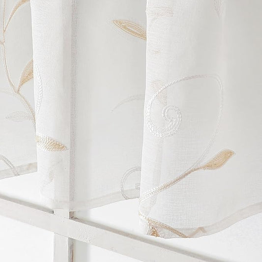 VISIONTEX White Sheer Voile Curtains, Decorative Leaves Embroidery Faux Linen Rod Pocket Window Drapes for Home Kitchen, Living Room and Bedroom 26 x 36 Inch, Set of 2 Curtain Panels