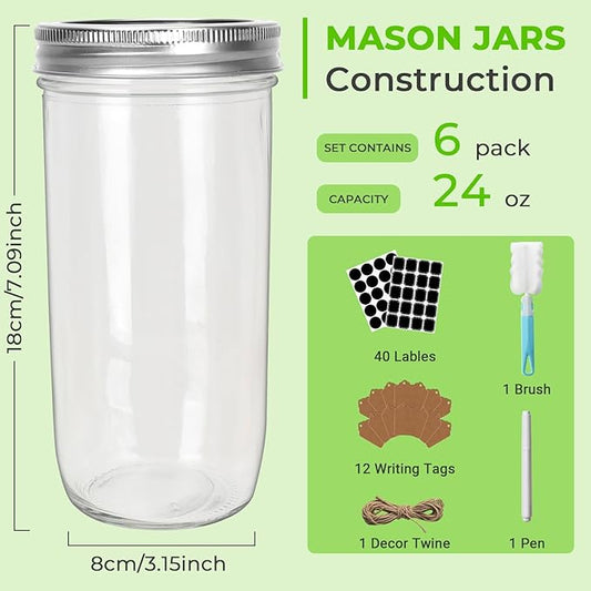 CycleMore 24oz 6 Pack Mason Glass Jars with AirTight Lids and Bands, Wide Mouth Canning Jars for Jelly, Jam, Honey, Wedding Favors, Spices and Herbs
